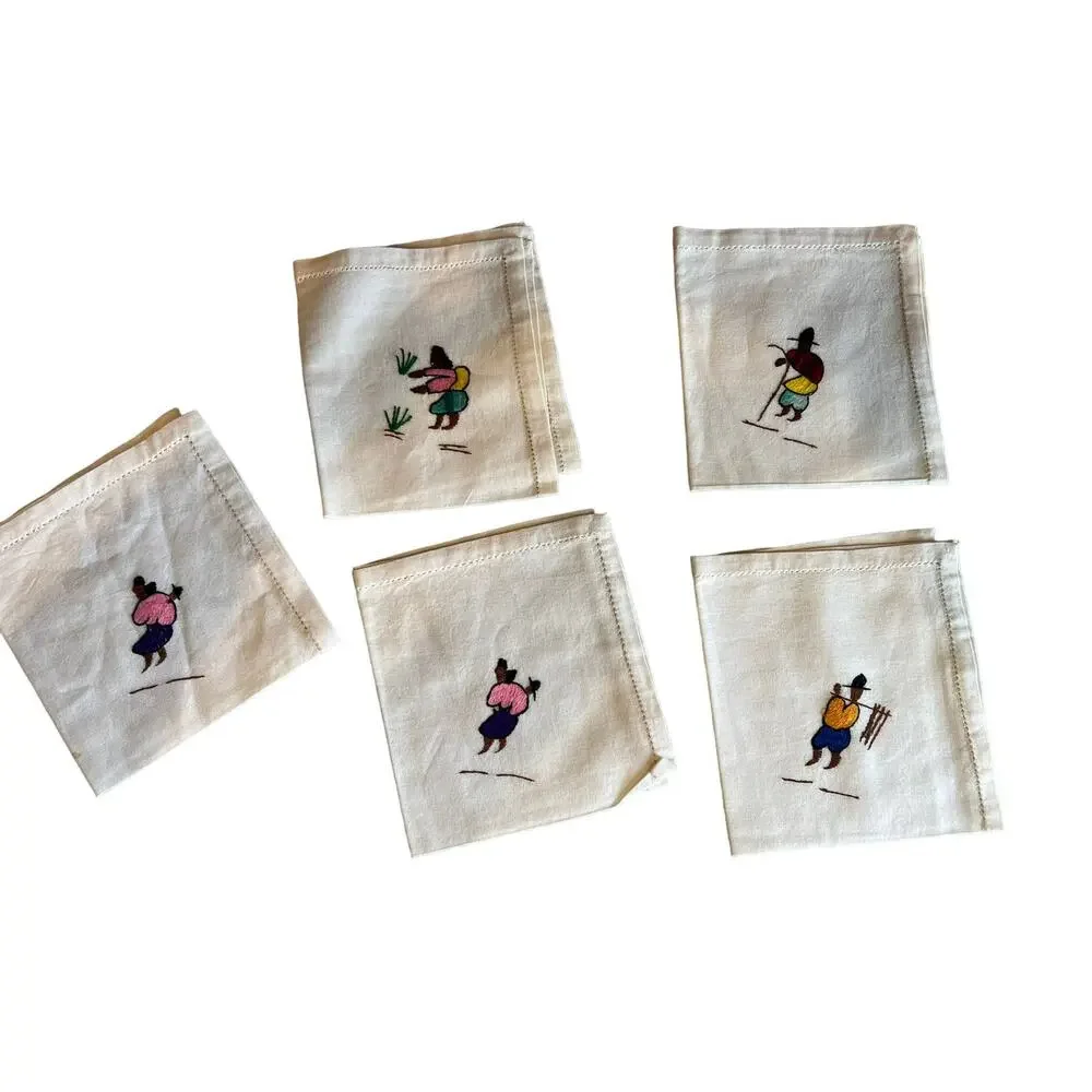 Indigenous People Hand Embroidered Hemstitch Linen Cocktail Napkins